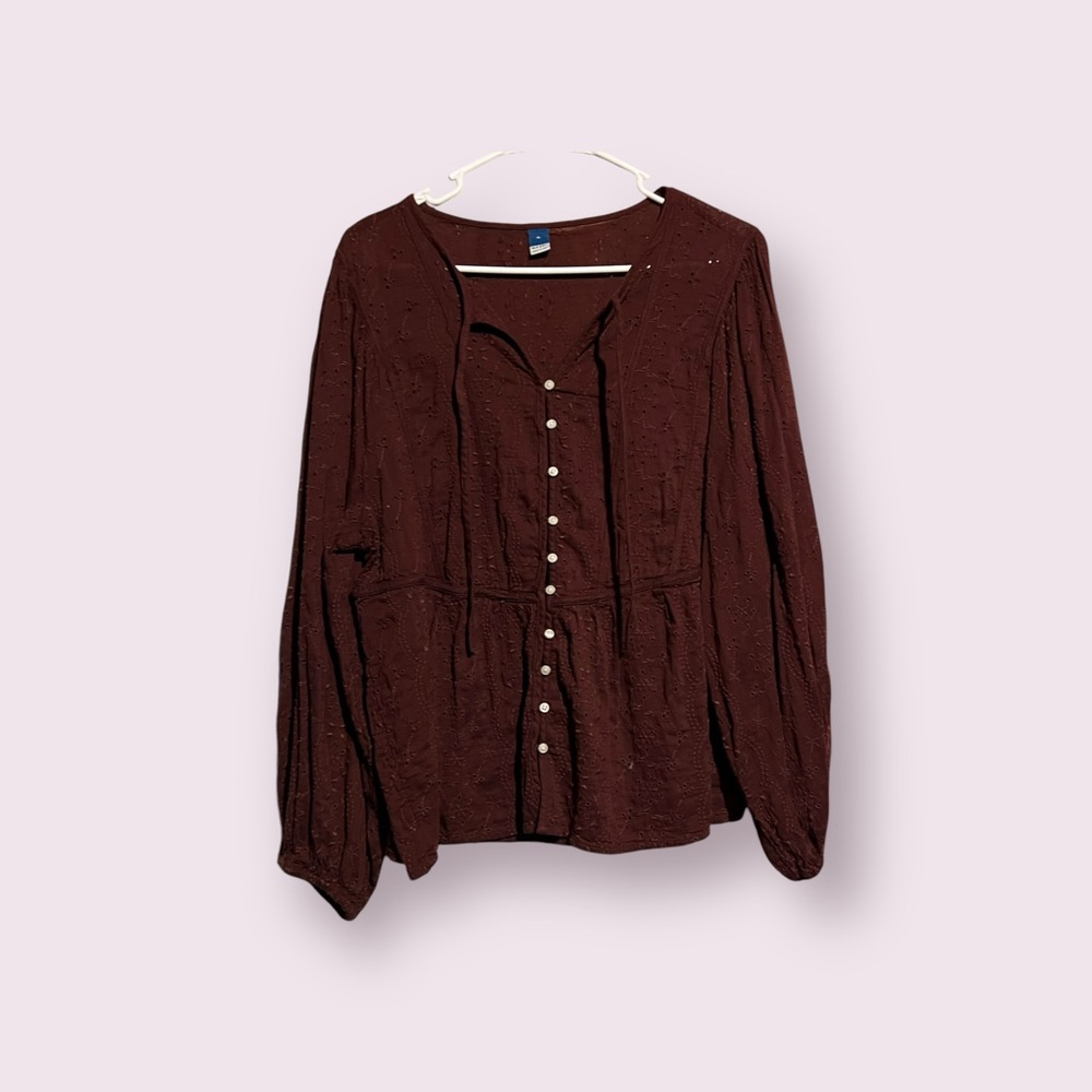 Old Navy Ruffled Split-String Tie Neck Button Down Burgundy Blouse